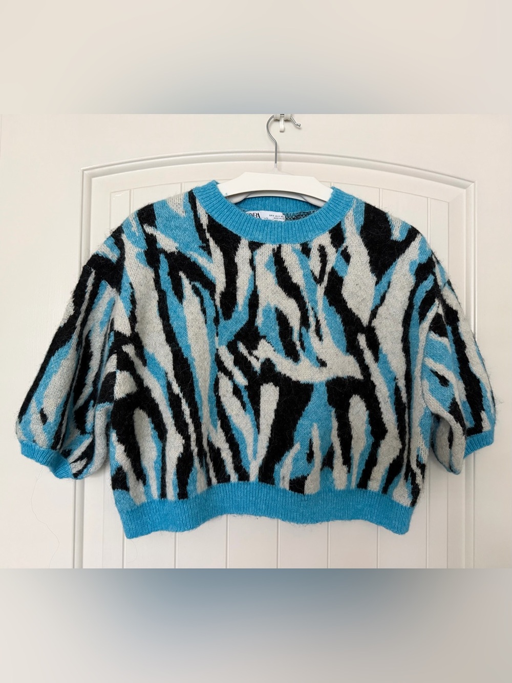 Zara Jacquard Animal Print Sweater Blue Black White Size S - Picture 4 of 11
